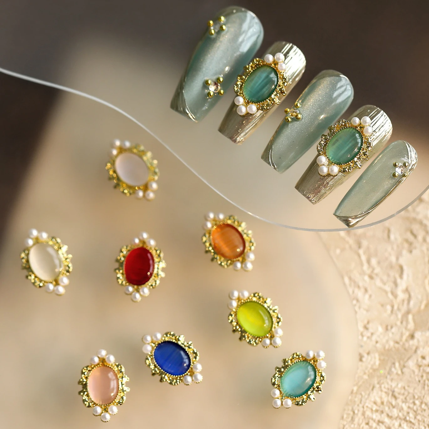 

Retro Opal Cat Eye Stone Colored Pearl Alloy Jewelry Flower Jade Rhinestone Romantic Nail Art Decorations Accessories Manicure