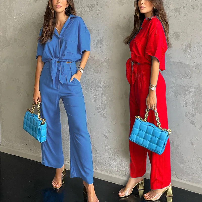

Summer Casual Two Piece Set Women Solid Color Short Sleeve Pockets Outfit Top High Waist Wide Leg Pant Suit Office Lady Outfits