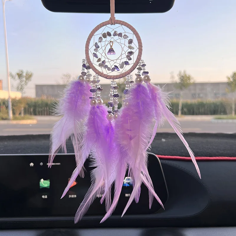 High-grade crystal stone car accessories/exquisite interior decoration/feather dream catcher wind chimes