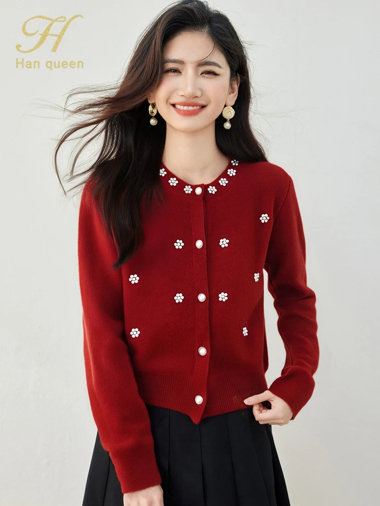 

H Han Queen 2025 Autumn Cardigan For Women Fashion Nail Beads Long Sleeve Female Clothing Fashion Loose Knitwear Soft Jacket Top