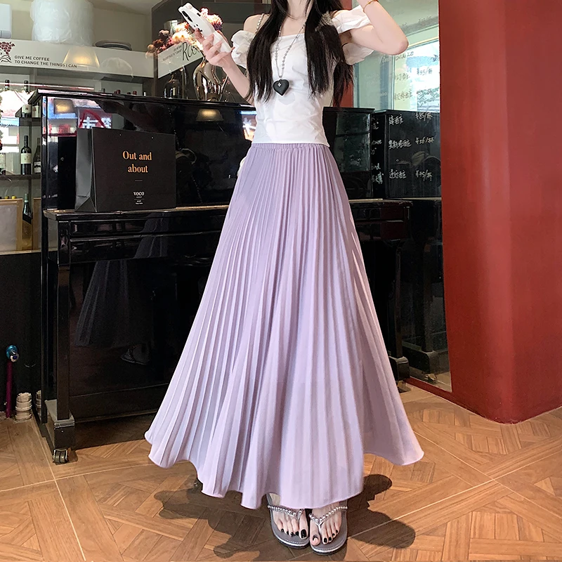 

Летняя длинная шифоновая фиолетовая юбка, новинка 2025, высококачественные тонкие плиссированные базовые пляжные юбки для женщин