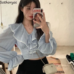 Blue Blouses Women V-neck Ruffles Sweet Tender Female Spring Crops Design Tops Leisure Korean Soft Cozy Lace-up Lovely Holiday