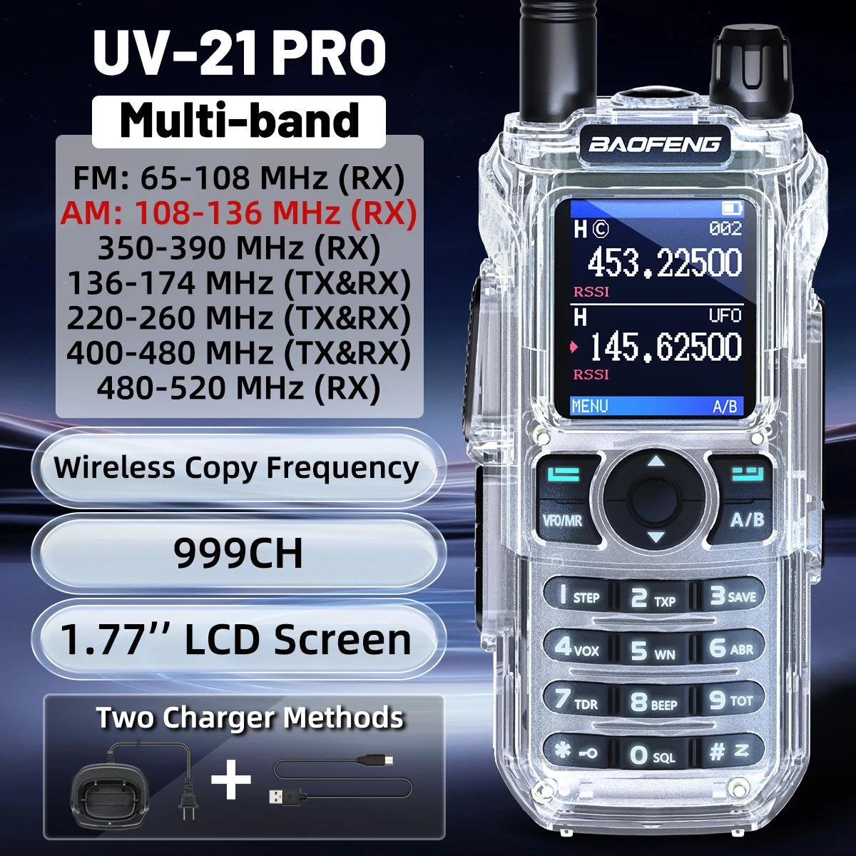 宝峰uv-21-pro-v2ポータブル無線機、ワイヤレス周波数コピー機能付き、長距離防水、マルチバンド、type-c、ハム用双方向無線機