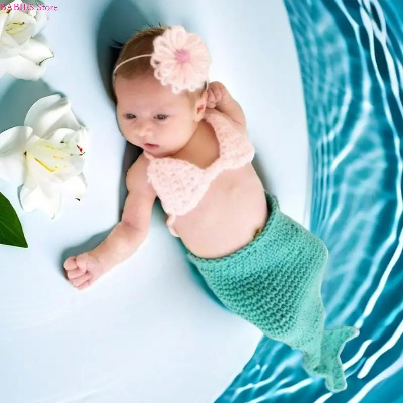 c9GB 1セット新生児の海上写真小道具編みドレス＆ヘッドバンお祝い