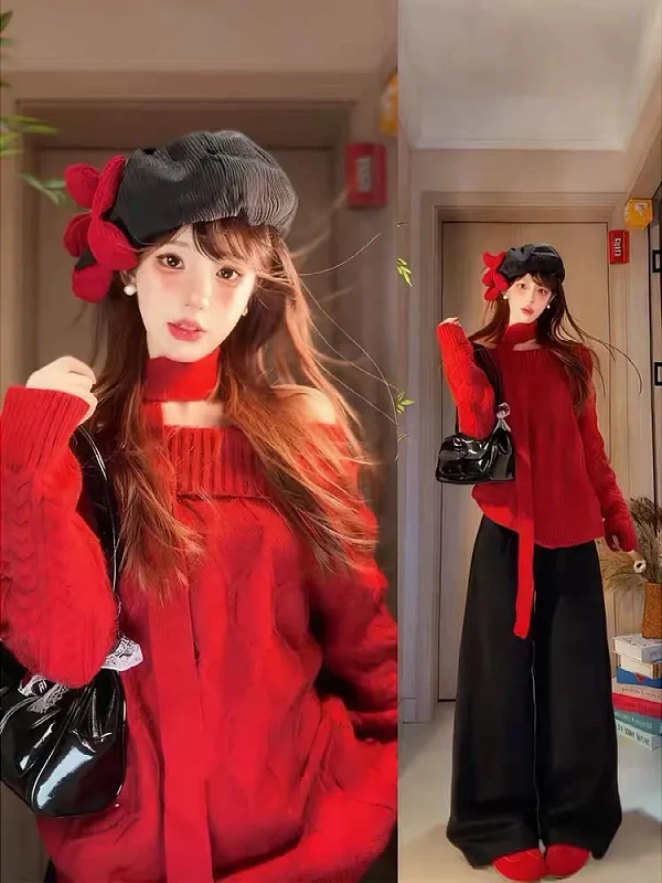 

Large Size One oulder Red Knitted Sweater Women's Autumn Winter Cisas Aosphere Faion Thi Sle oulder Exposure Top