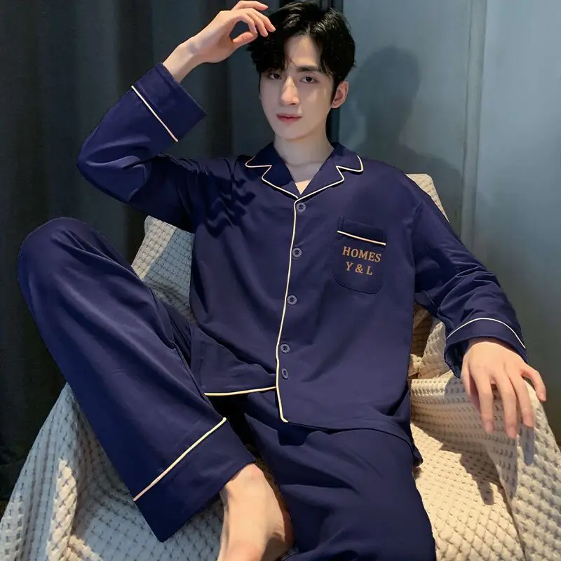 Pure Cotton Pajamas Autumn Winter New Men Long-Sleeved Casual Simple Homewear Male Large Size Lapel Single Breasted Nightclothes