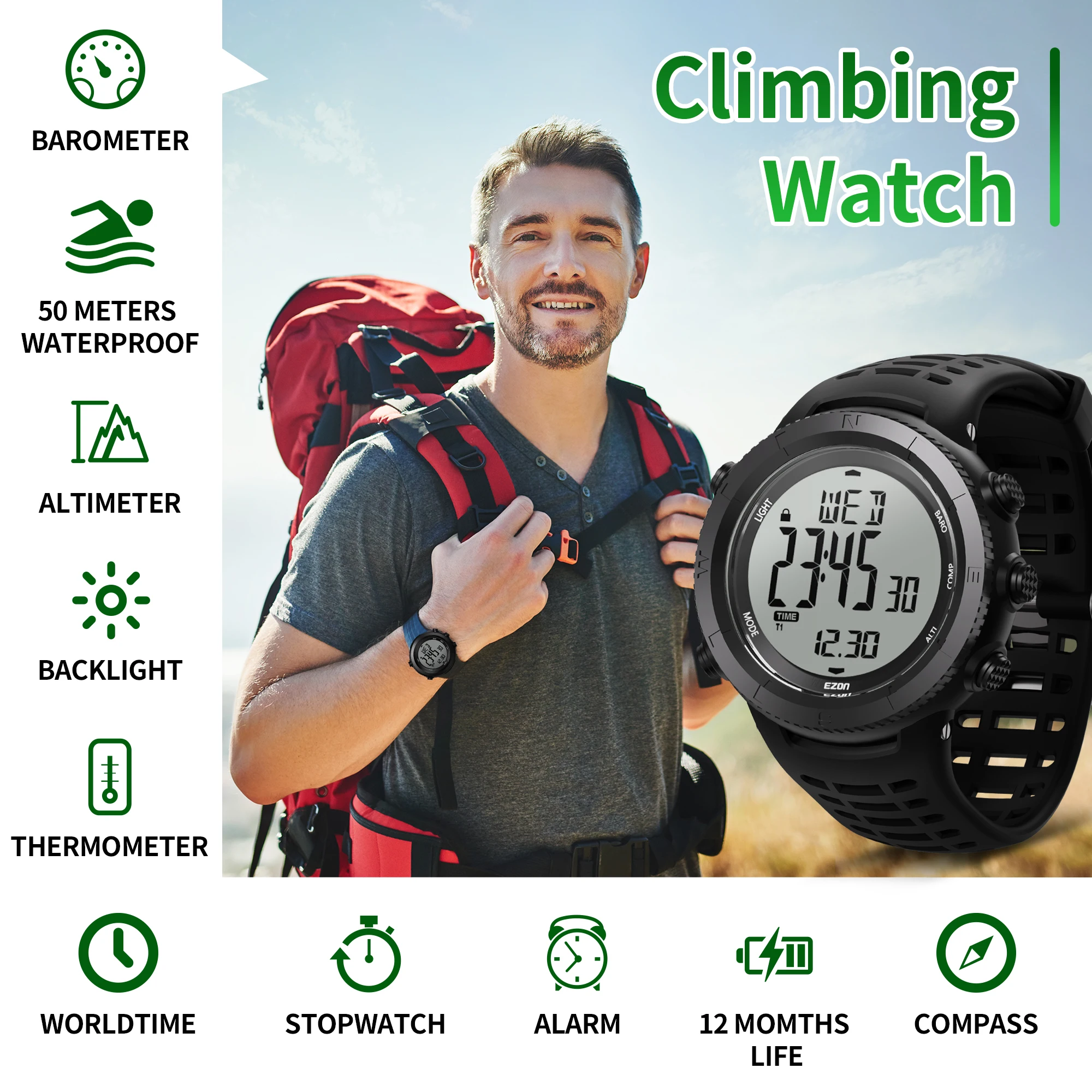 EZON H001 Men\'s Hiking Sports Digital Watch Running Swimming with Altimeter Barometer Compass 5ATM