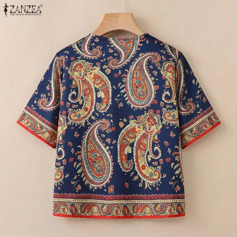 ZANZEA 2026 Summer Paisley Print Short Cardigans Women Open-Front Short Sleeve Shirts Vacation Casual Beach Cover-Up Tops 2