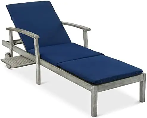 79x26in Acacia Wood Chaise Lounge Chair Recliner, Outdoor Furniture for Patio, Poolside w/Slide-Out Side Table