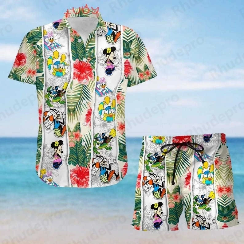 

Disney Mickey Coconut Men And Women Button Shirt Trip Hawaiian Shirt Beach Shorts Shirt Beach Casual Short-sleeved Shorts Suit