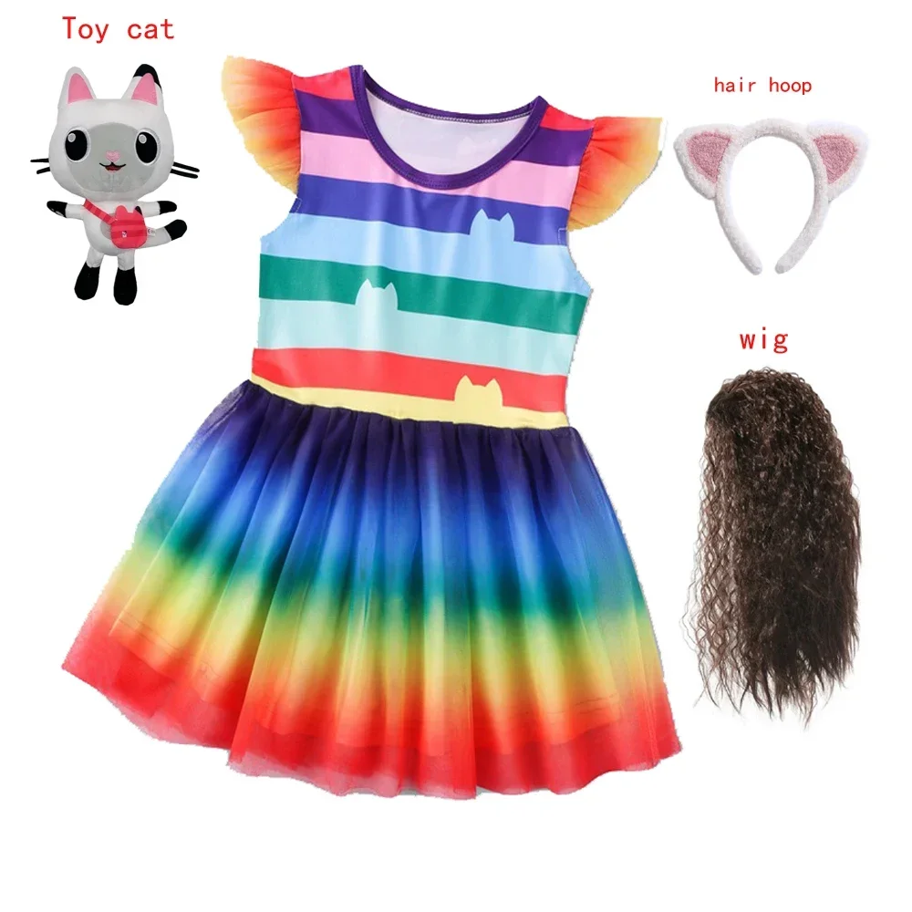 Gabby Cats Baby Girls Summer Gabby's Dollhouse Dress Rainbow stripe Kids Cosplay Princess Toddler Birthday Party Dresses+wig