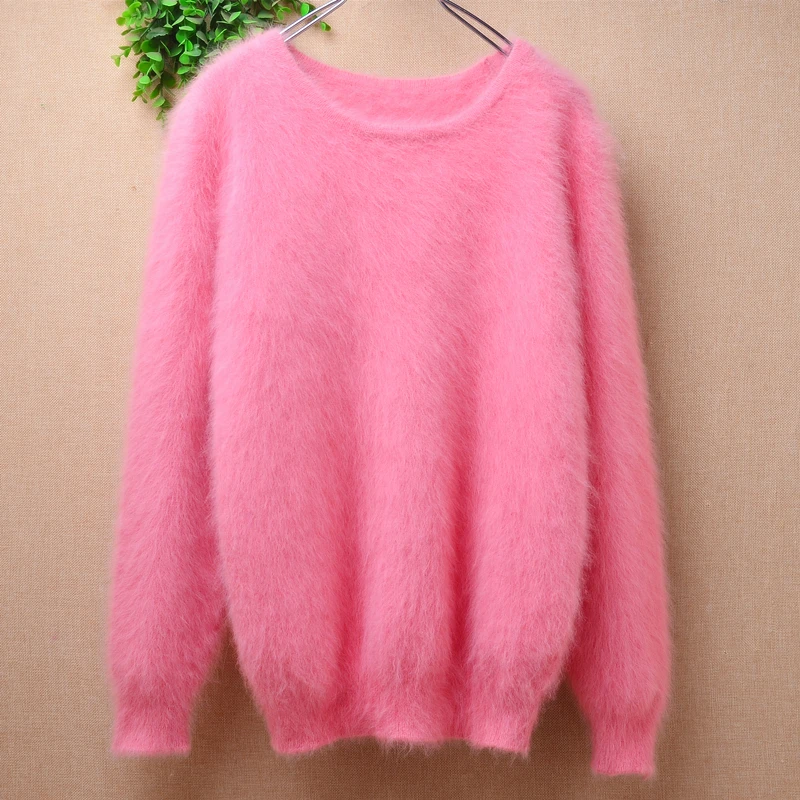 01 Female Women Fall Winter Clothing Hairy Mink Cashmere Knitted O-Neck Slim Blouses Pullover Angora Fur Jumper Sweater Pull Top