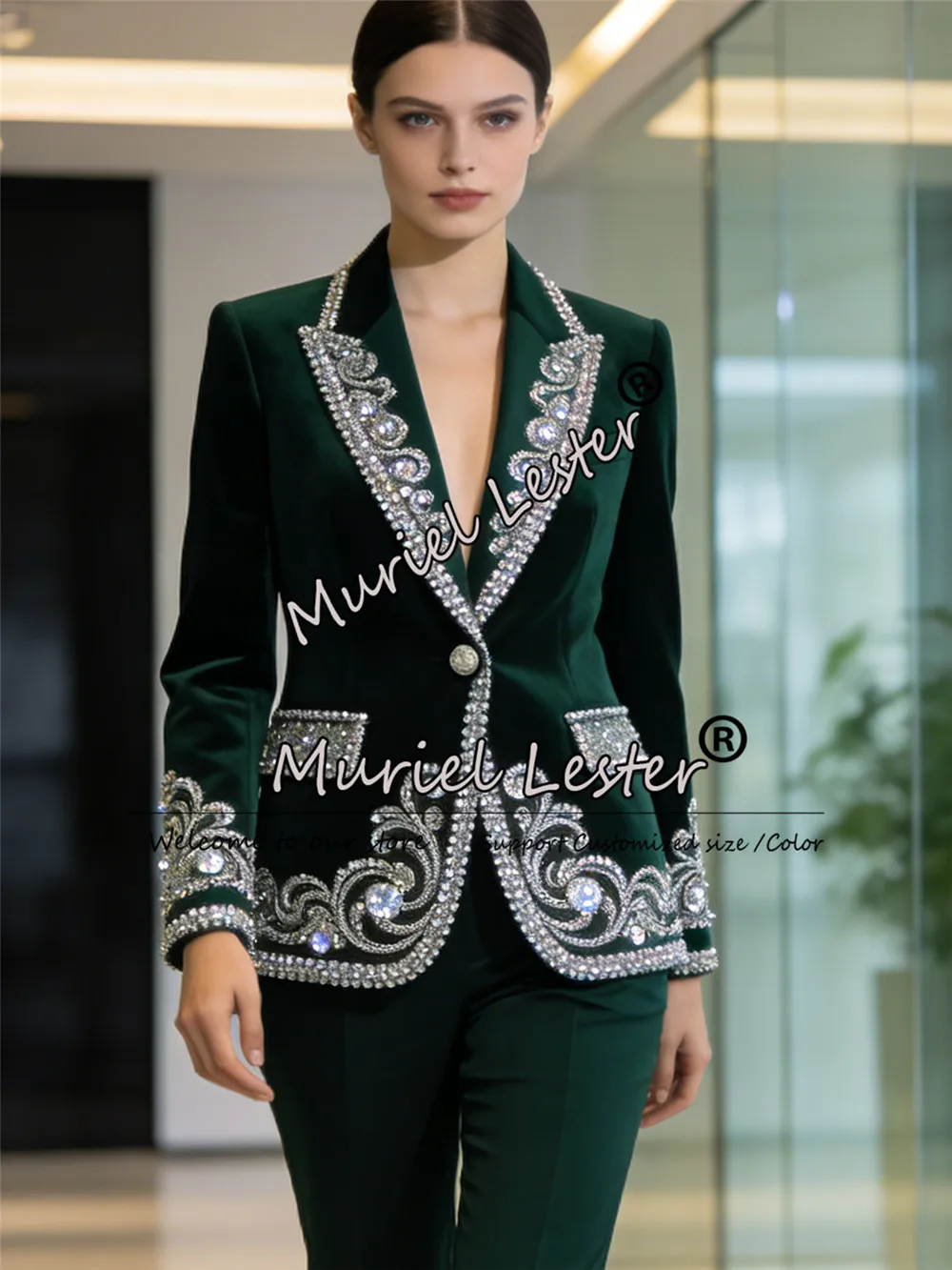 Exclusive Jewelry Stones Suit Women Single Breasted Velvet Blazers Customized Bride's Mother Dress Party Tuxedos 2 Piece Attire