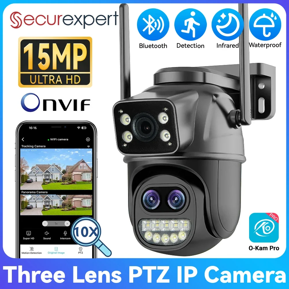 Securexpert 15MP/10MP PTZ WiFi Outdoor Camera Dual Screen 10X Zoom Human Detection Auto Tracking Color Night Vision O-Kam Pro