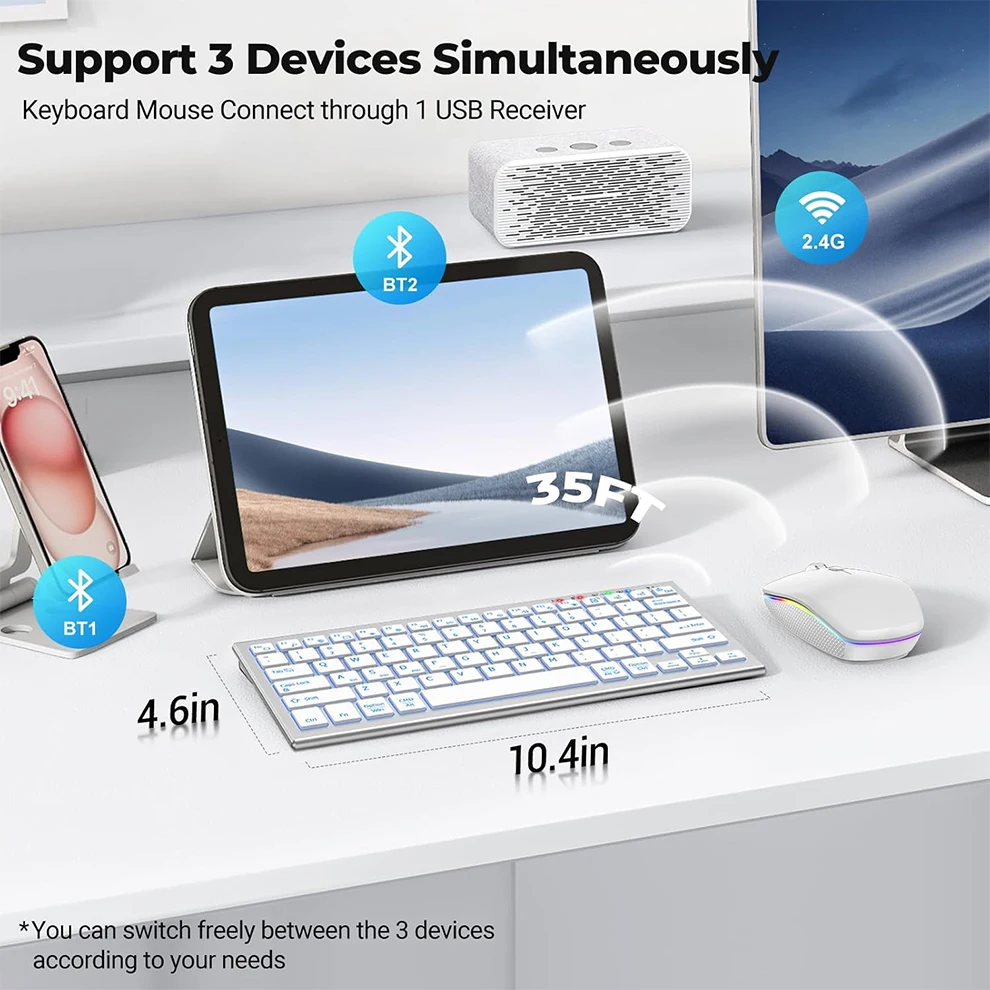 Bluetooth 2.4G Wireless Keyboard Mouse Combo with Backlit,Multi-Device USB Rechargeable Keyboard Mouse for Laptop PC Windows