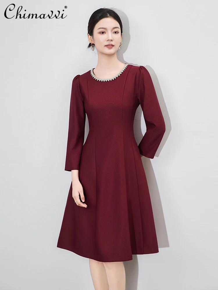 

French Elegant Temperament Socialite Diamond Round Neck Long Sleeve High Waist Slim A-line Evening Party Dress For Women Autumn