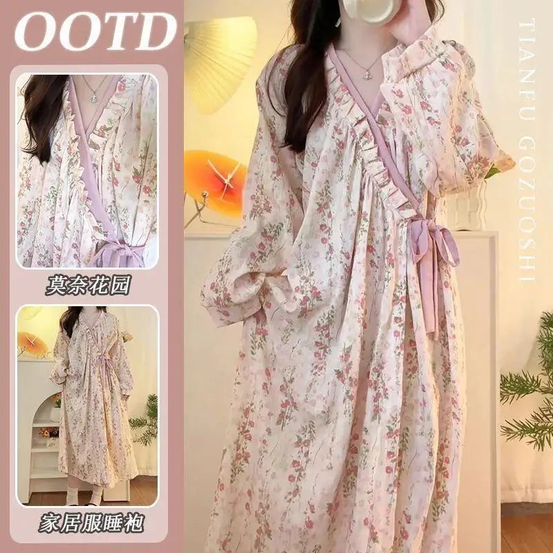Women's Pajamas Casual V-Neck Nightgown Summer Girls Adult Sweet Short Sleeved Bathrobe Spring and Autumn Long-Sleeve Homewear