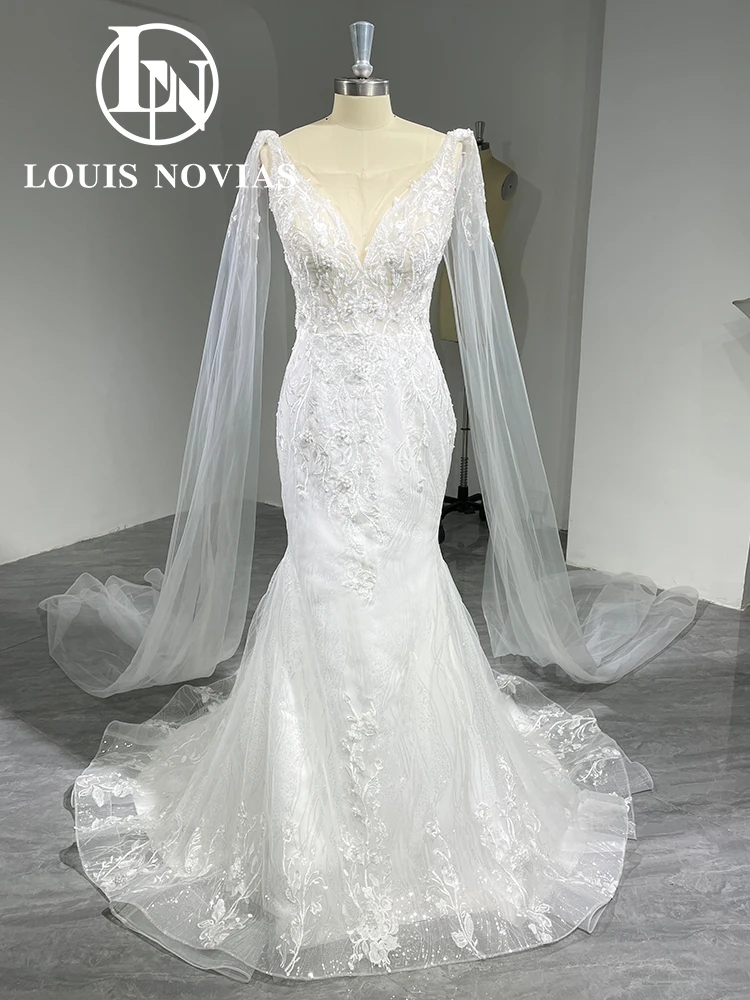 LOUIS NOVIAS Mermaid Wedding Dress 2024 Real Photo Charming Deep V-Neckline Beading Embroidery Wedding Gown Vestidos De Novia