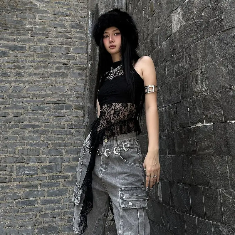 Canottiera sexy con lacci in pizzo con scollo all'americana da donna Dark Street Spicy Girl Slim Fit irregolare Crop Top Canotte Y2k senza maniche trasparenti retrò