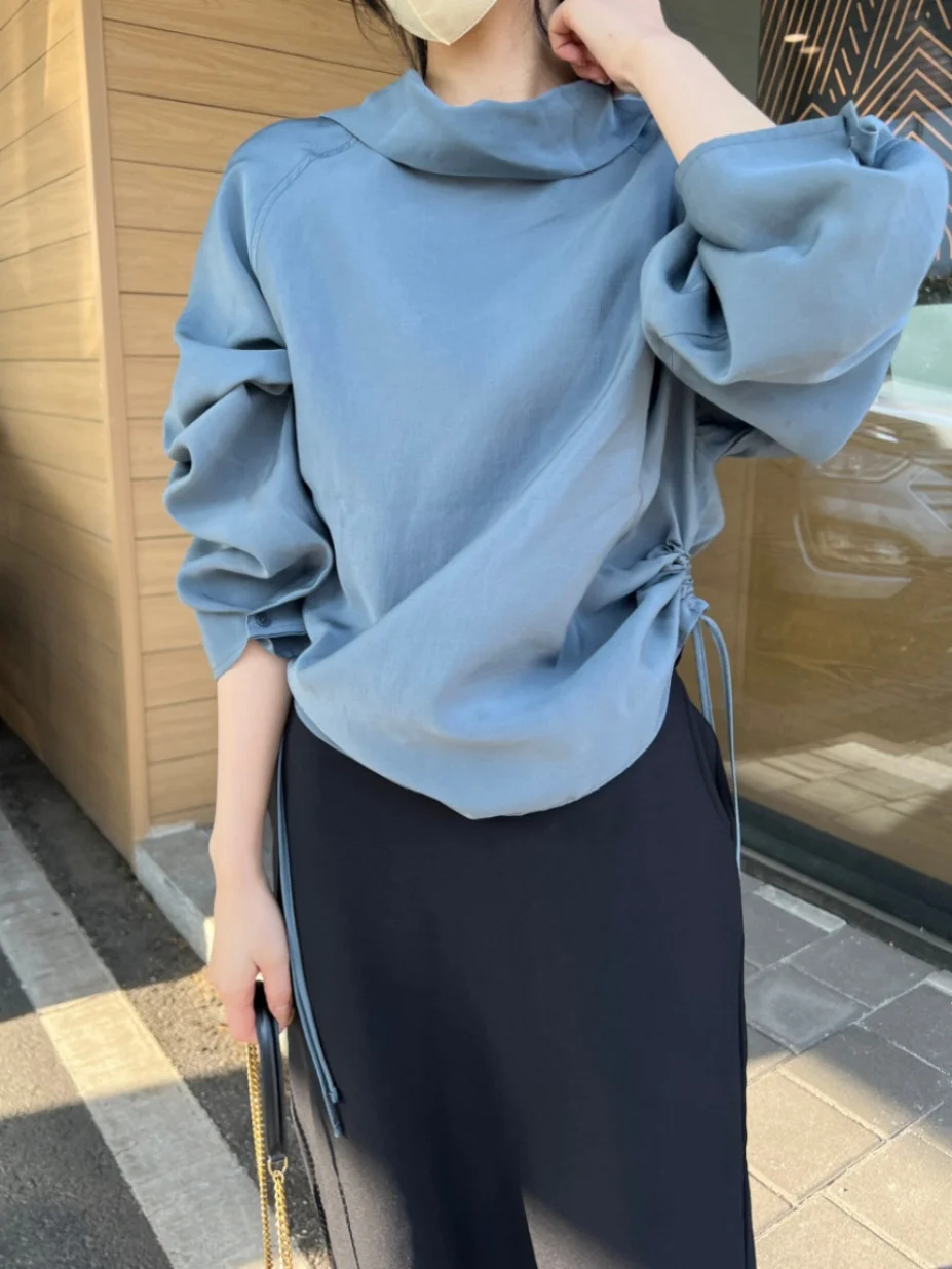 

Женский шикарный балковый свободный крой с боковыми складками и завязками, повседневный универсальный длинный топ с воротником све