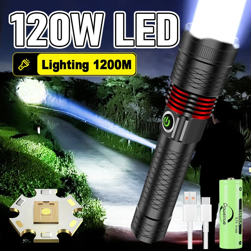 High Power 120W LED Flashlight Rechargeable Lamp Super Bright 1200M Long Range 18650 Battery Torch Outdoor Lantern Self Defense