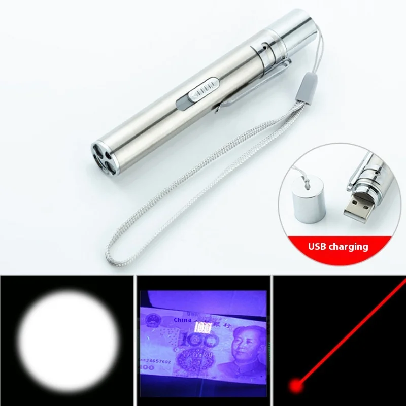 USB 3 Işık Kaynağı Kedi Kalemi Şarj Paslanmaz Çelik Çok Fonksiyonlu El Feneri, Aydınlatma Beyaz Işık, Lazer Kızılötesi Kalem