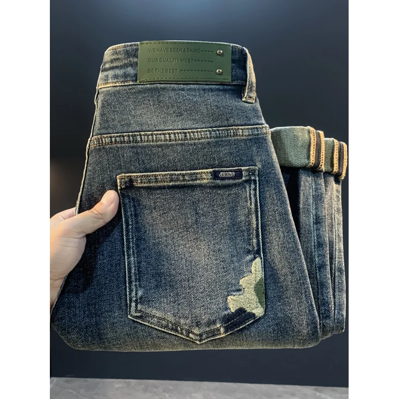 Осень 2024, новые синие модные джинсы в стиле ретро, мужские универсальные уличные модные повседневные эластичные брюки на маленьких ножках
