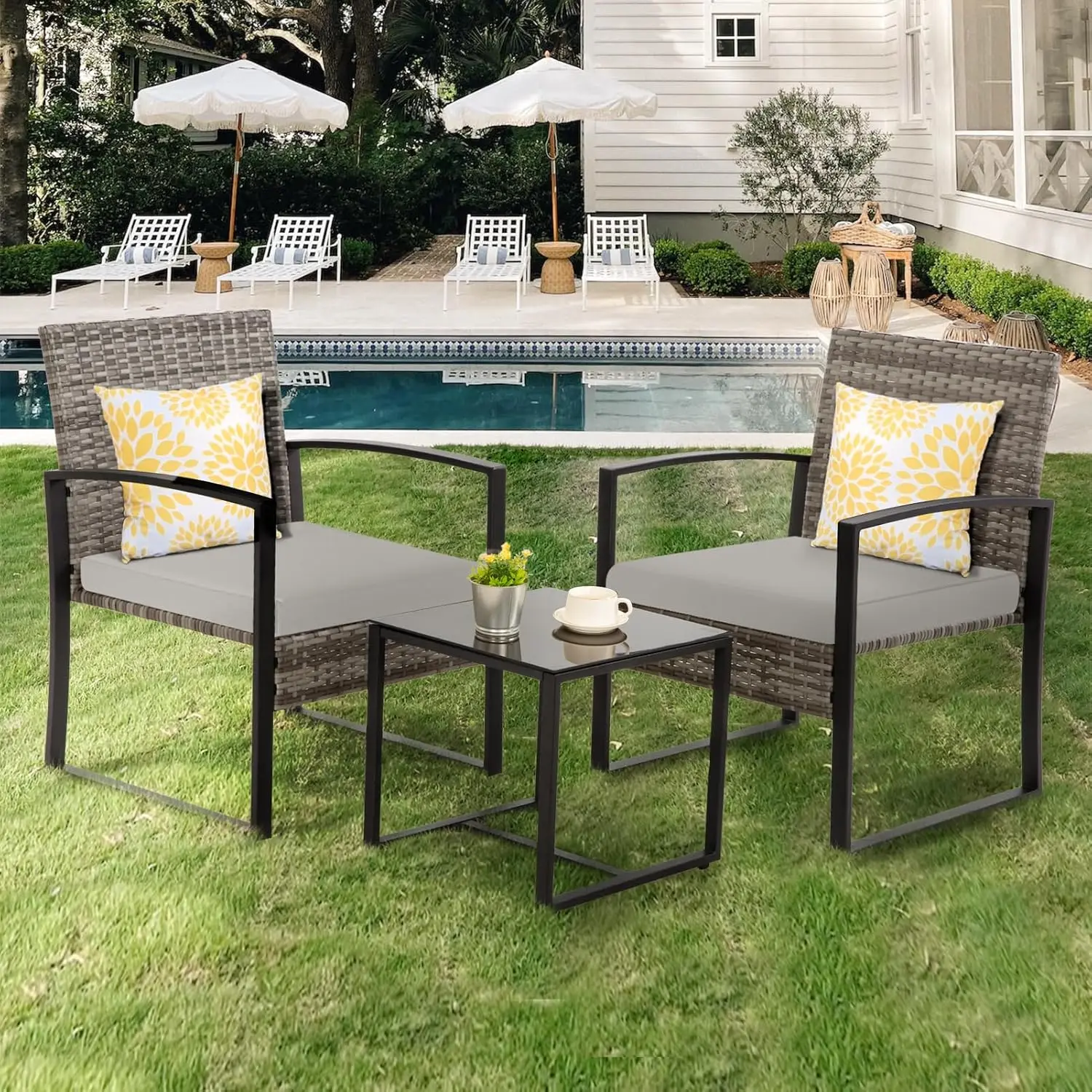 3 Pieces Furniture Set, Outdoor Wicker Conversation Bistro Set w/ 2 Chairs, 2 Cushions, Glass Coffee Table for Garden Bal-