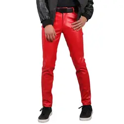 Hip Hop Men Faux Leather Pants Mid Waist Slim Button Zipper Waterproof Streetwear Party Club Performance Pants