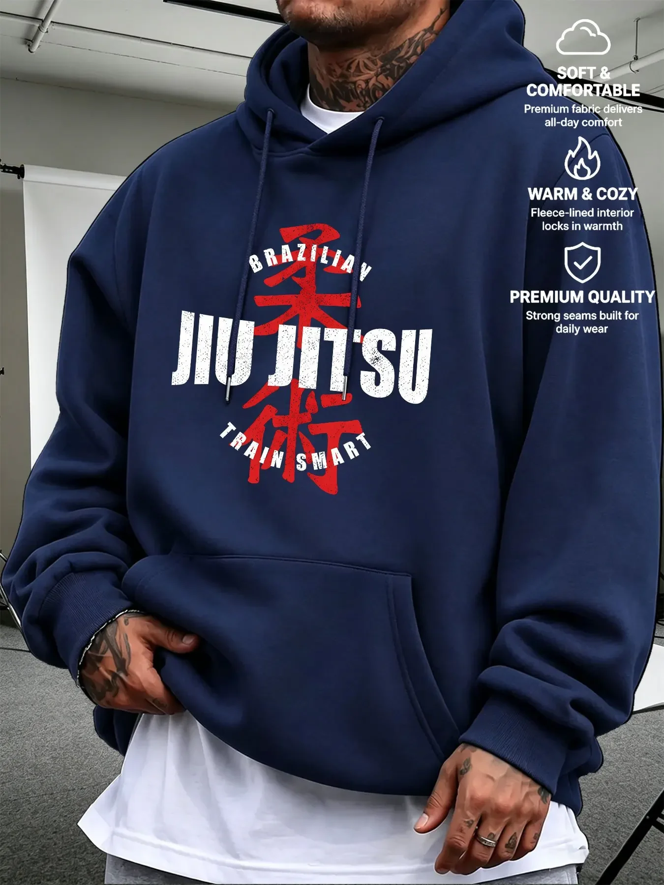 Autumn Winter Fleece Lined Men Hoodie Jiu Jitsu Distressed Letter Print Hot Selling Casual Street Style Pullover Sweatshirts