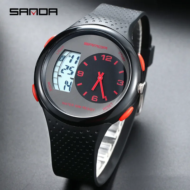 

Sanda Waterproof Men's Sports Watch Outdoor Casul Luminous Digital Watches Dual Display Silicone Electronic Watch Calendar Alarm