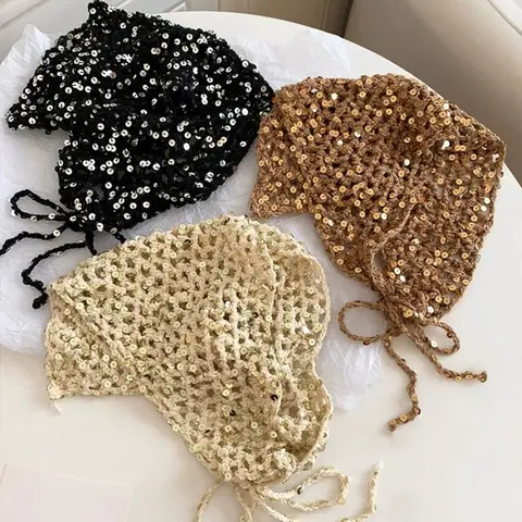 Shiny Sequins Knit Hollow Triangle Bandana Hair Scarf Ins Fashion Neck Scarf Lightweight Hollowed-out Shawl Daily Hairband Belts