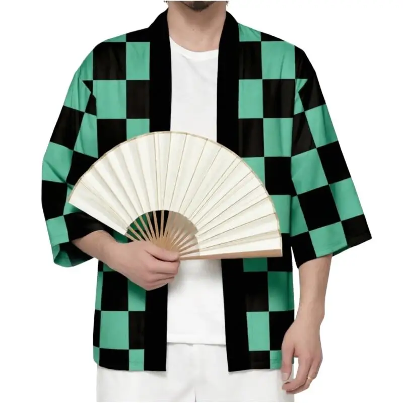 

Summer Green Black Checkered Kimono Cardigan For Men 3/4 Sleeve Open Front Haori Japanese Style Checkerboard Print Casual Shirt