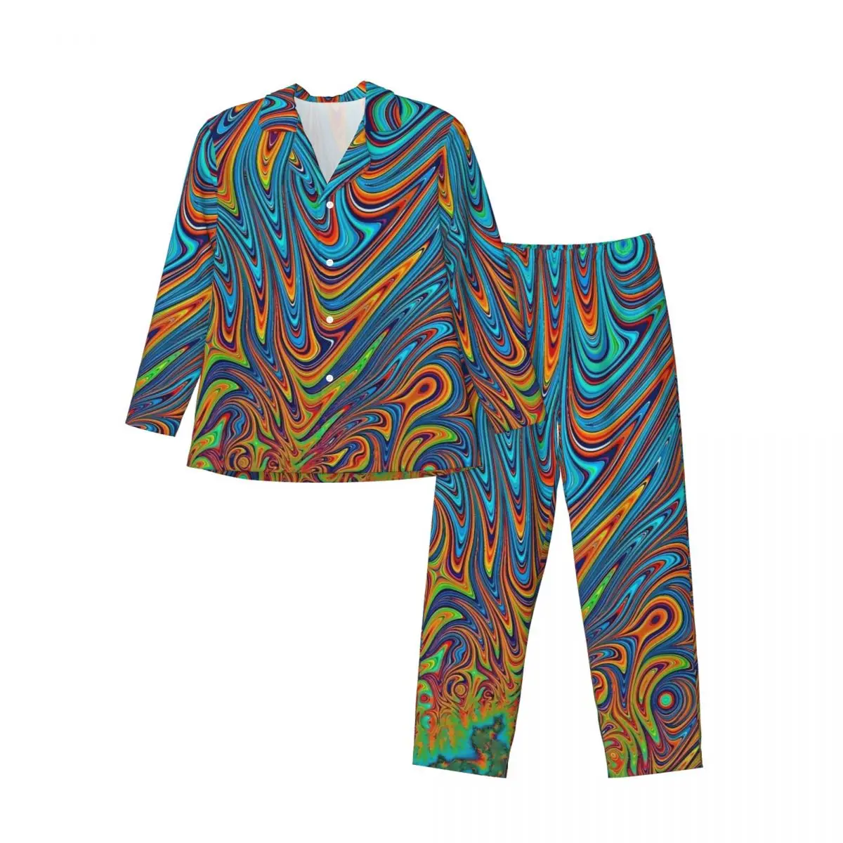 Pajamas Men Contrast Color Night Sleepwear colorful psychedelic 2 Pieces Casual Loose Pajama Set Long Sleeve Oversized Home Suit