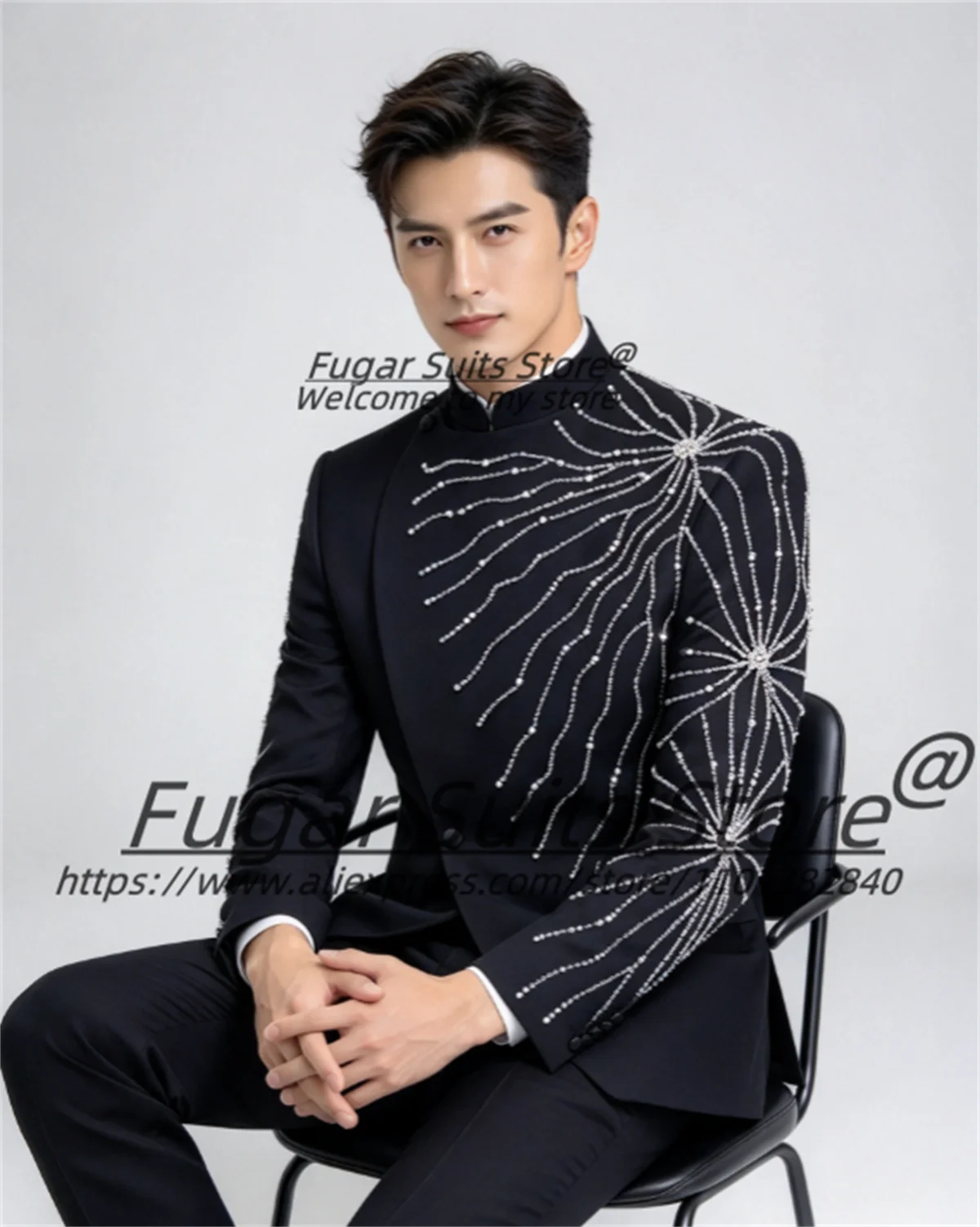 Customized Black Tuxedo Customized Silver Firework Rhinestone Beaded Groom Wedding Tuxedos2Pcs Set Male Prom Blazers Ropa Hombre