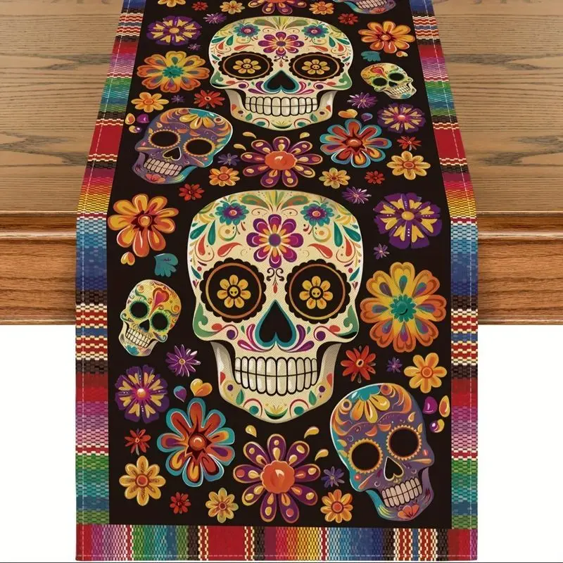 VIKAMA Mexican Day of the Dead Table Runner Sugar Skull Floral Print Dining Table Decor Holiday Home Decor