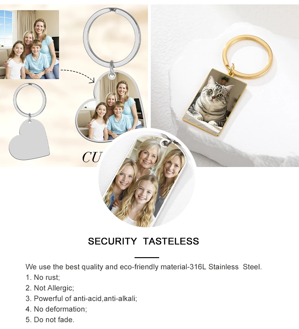 Benutzerdefinierter Foto-Schlüsselanhänger aus Edelstahl, rechteckig, Herzform, personalisiertes Bild, Schlüsselanhänger, Schmuck, Valentinstagsgeschenk – Detail 4