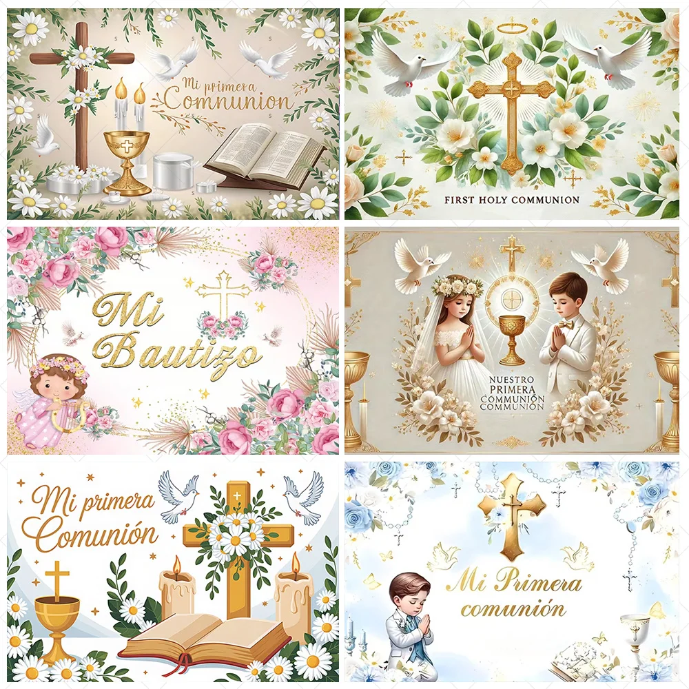 Fondo de Bautizo con Cáliz de Paloma, Crucifijo, Suministros para Mi Primera Comunión, Decoración para Fiesta de Bautizo, Accesorios para Sesión de Fotos