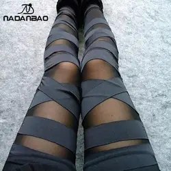 Nadanbao Fashion Woman Pencil Pant Sexy Leggings New Ripped Bandage Trousers Black Lace Cut-Out Girl Patchwork Street