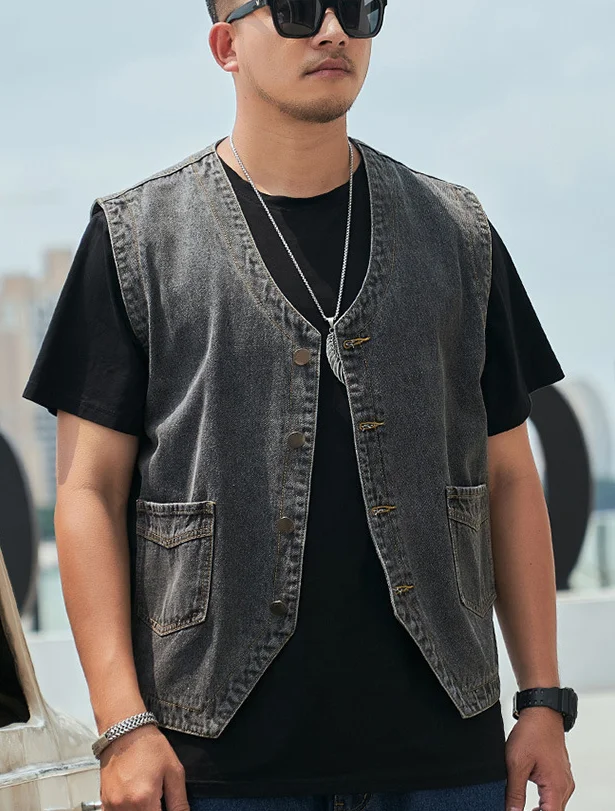 سترات جينز كبيرة الحجم، سترة جينز على الطراز الصيني برقبة على شكل حرف V، صدرية بدون أكمام للدراجات النارية للشباب