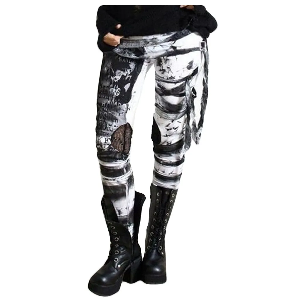 Tie Dye Women Gothic Pants Leggings Bandage Distressed Pants Slim Fit Women's Cool Punk Trousers Fashion Vintage Streetwear Pant