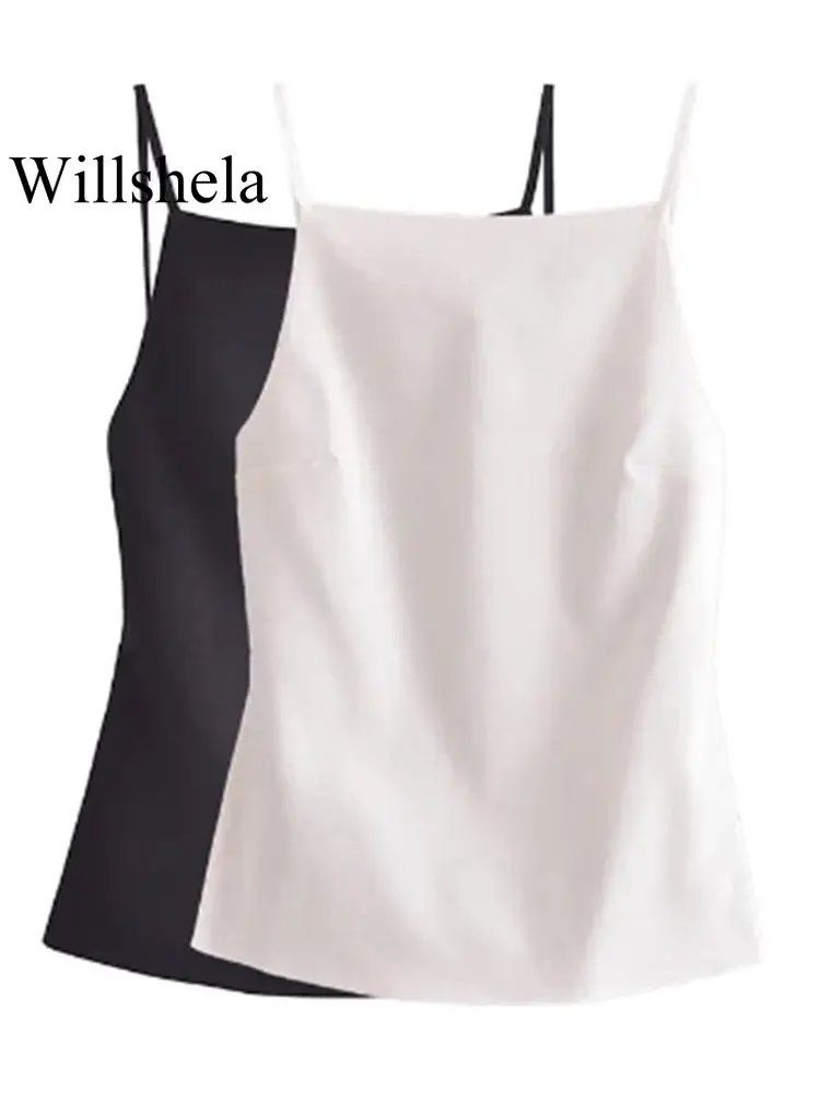 Willshela moda damska solidna, sznurowana koszulka bez pleców Vintage cienkie paski kwadratowy kołnierzyk kobiece eleganckie bluzki damskie