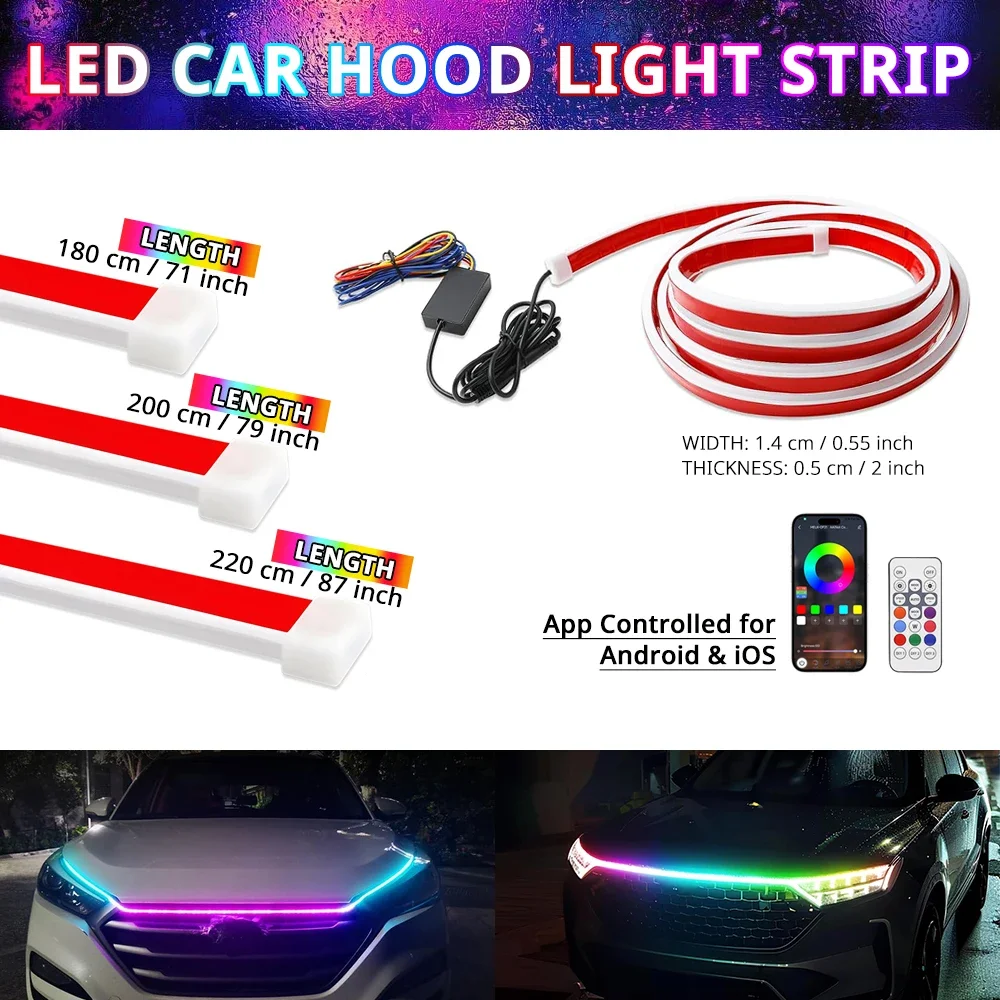 Multi Color APP Control LED Car Hood Light Strip RGB Engine Bay Accent Lighting Ambient Exterior Decoration for Cars SUVs Pickup