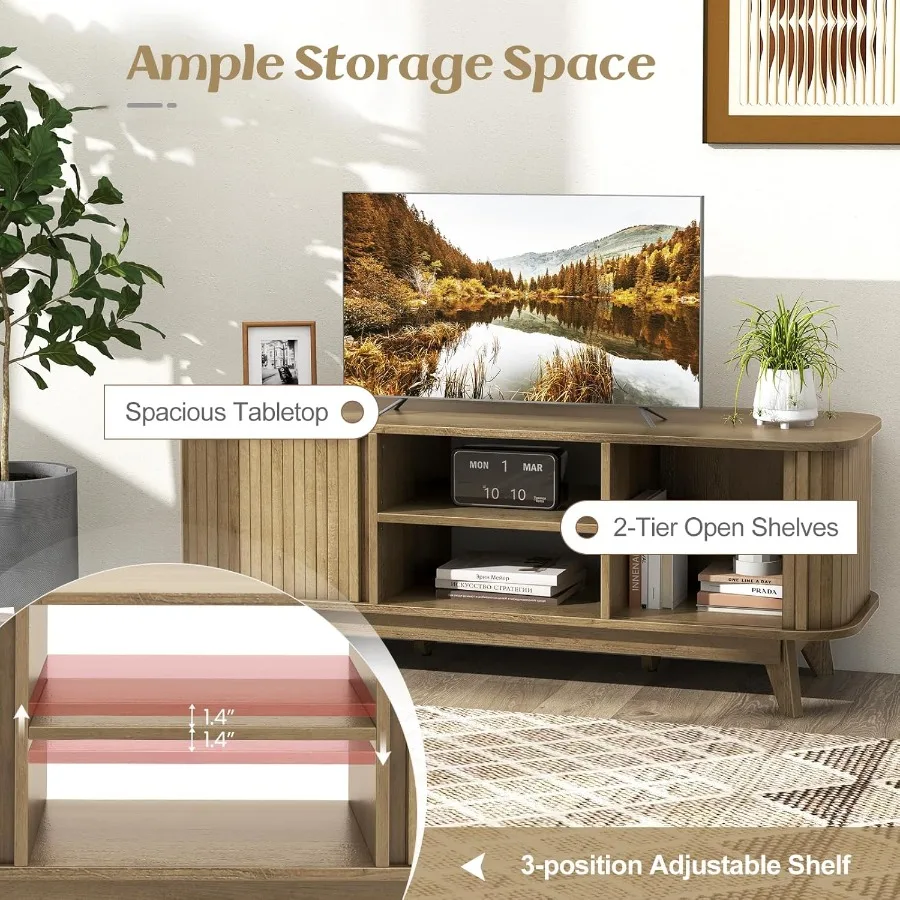 حامل تلفزيون حديث لمنتصف القرن للتلفزيون حتى 55 بوصة مع أبواب منزلقة ورفين مفتوحين مركز ترفيه الوسائط المنزلية من خشب البلوط #6