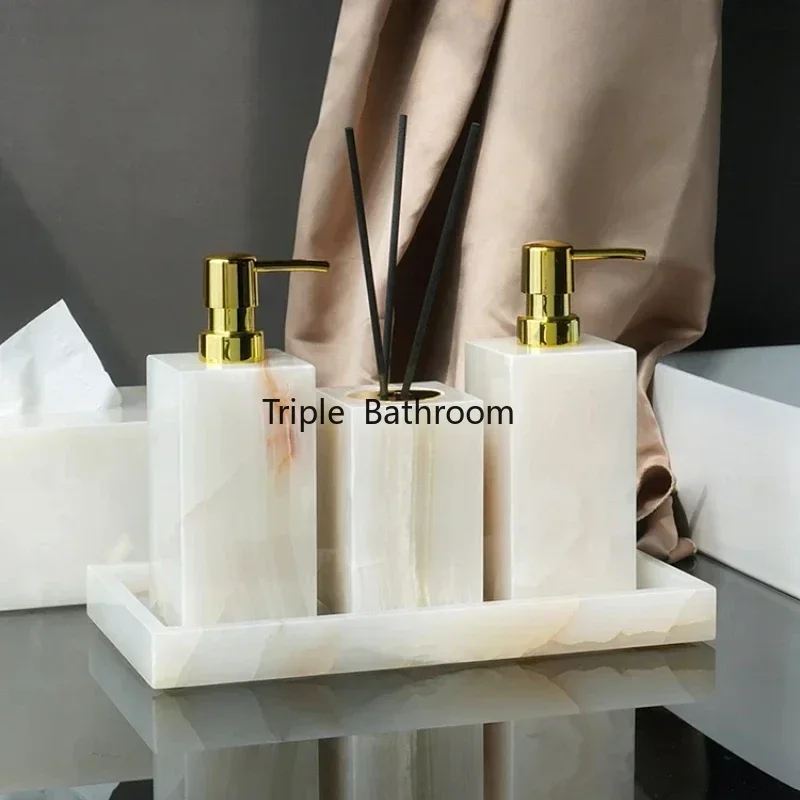 White Onyx Natural Marble Bathroom Accessories Luxury Soap Dispenser Cotton Swabs Container Reed diffuser Tray Bathroom Set