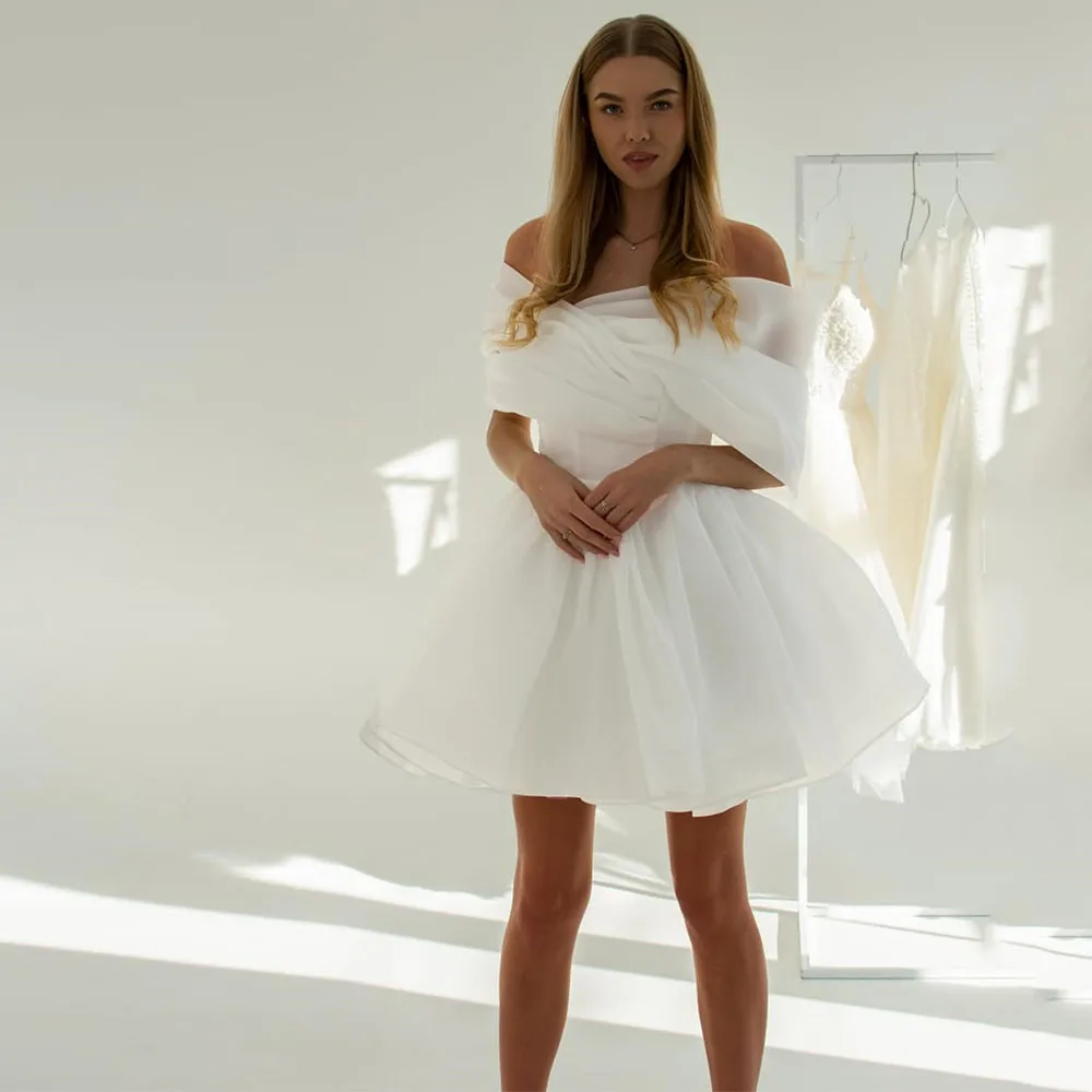 

Modern Ivory Mini Short Wedding Dress For Women Off The Shoulder A Line Wedding Gown Organza Satin Bridal Gown
