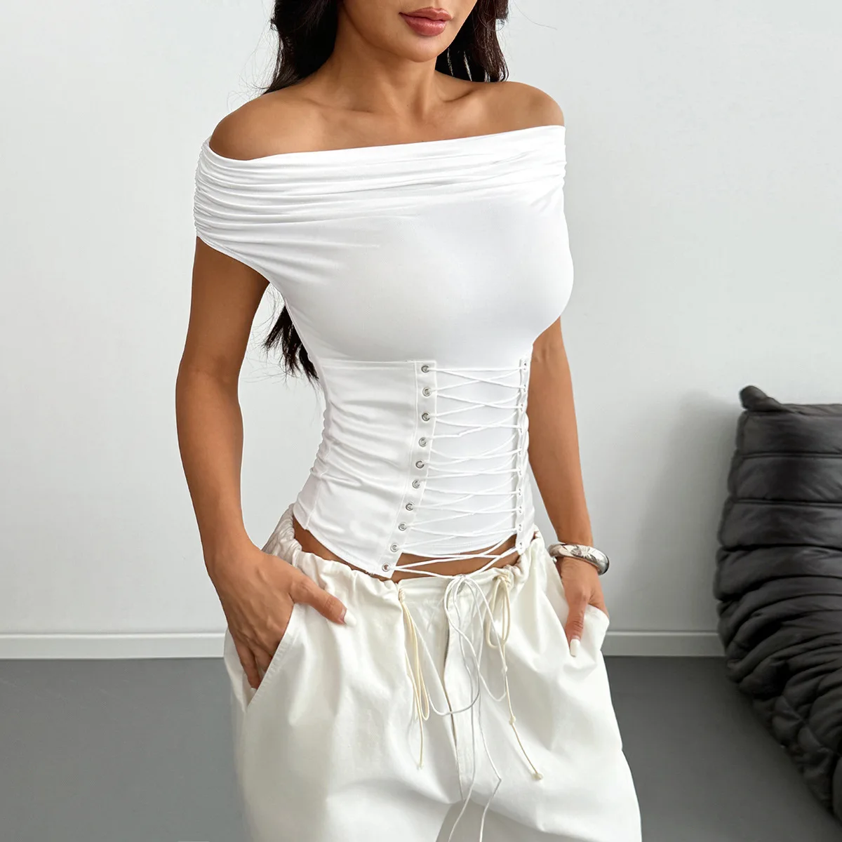 Summer Slash Neck T Shirts Women Sexy Short Sleeve Pleate Slim Fishbone Waist Cinching Tops Bandage Cross Club Party T-Shirt