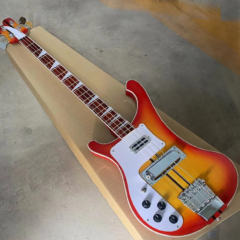 In Stock Neck Thru Body Left Handed Electric Bass Guitar, 4 String Cherry Sunburst Bass, Adjustable Bridge, Checkerboard Binding