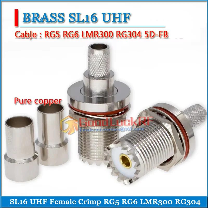 

PL259 SO239 PL-259 SO-239 M UHF Female O-ring Bulkhead Washer Nut Waterproof Window Crimp RG5 RG6 LMR300 RG304 5D-FB Brass Cable