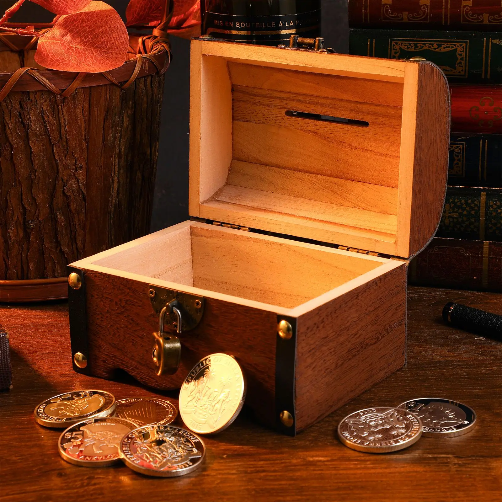 Vintage Wooden Treasure Chest Piggy Bank Coin Storage Box with Lock for Adults Baby Savings Safe Money Banks Home Office